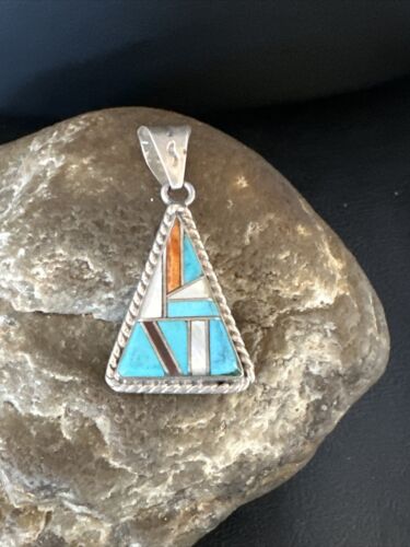 Navajo Blue Turquoise Spiny Mother of Pearl Inlay Pendant | Sterling Silver | Authentic Native American Handmade | 15195