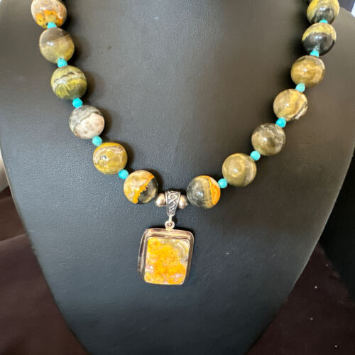 Bumblebee Jasper Pendant | Turquoise Bead | Navajo Sterling Silver Necklace 21" | 15910