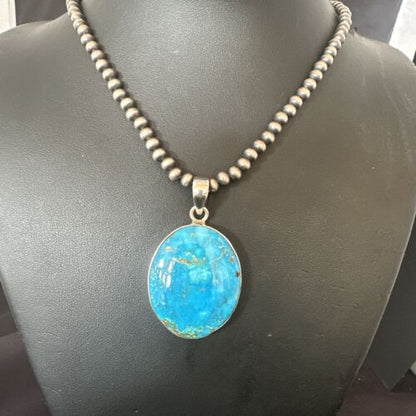 Navajo Blue Kingman Turquoise Pendant Necklace | Sterling Silver | 20" | Authentic Native American Handmade | 16675