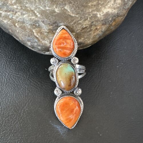 Navajo Green Turquoise Spiny Oyster Multi-Stone Ring | Authentic Native American Sterling Silver | Sz 9.5 | 16715
