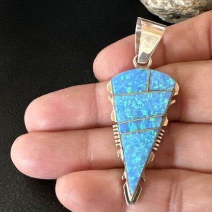 Arrowhead Blue Opal Inlay Pendant | Navajo Sterling Silver | Authentic Native American Jewelry | 15674