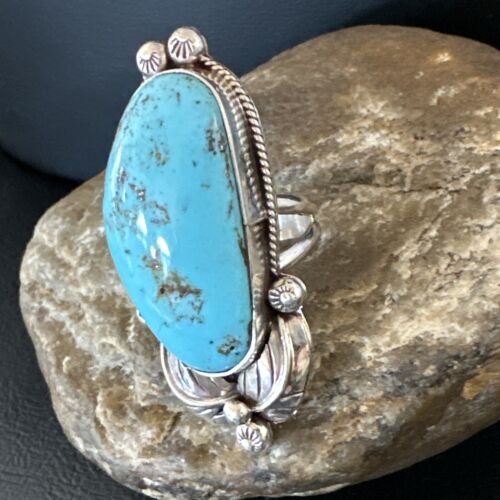 Navajo Blue Kingman Turquoise Ring | Sterling Silver | Sz 8.5 | Authentic Native American Handmade | 15663