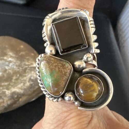 Navajo Blue Turquoise, Onyx, Tigers Eye Multi-Stone Cluster Ring | Authentic Native American Sterling Silver | Sz 10 | 14842