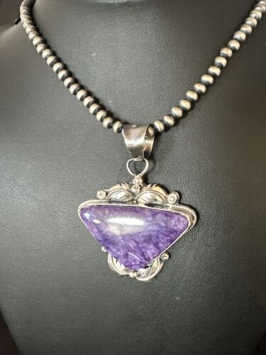 Navajo Pearls Necklace with Purple Charoite Pendant | Sterling Silver | Authentic Native American Handmade | 14883