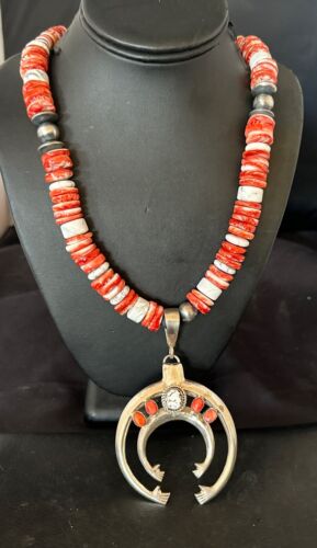 Navajo White Buffalo Spiny Oyster Naja Pendant Necklace | Sterling Silver | 25" | Authentic Native American Handmade | 17421