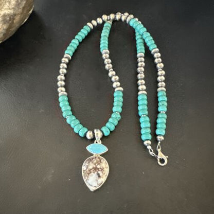 Wild Horse | Blue Kingman Turquoise Necklace Pendant | Sterling Silver | Multi-Stone | 17575