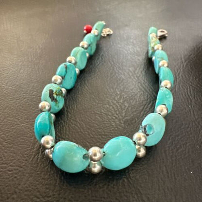 Women's Blue Turquoise Bead Bracelet | Southwestern Sterling Silver Link | 8" | 17233