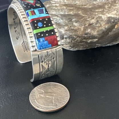 Men's Navajo Black Onyx Coral Turquoise Sterling Silver Cuff Bracelet Inlay | 16122