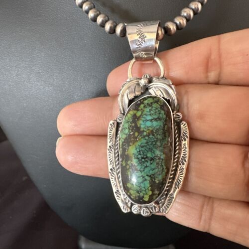 Navajo Blue Spiderweb Turquoise Pendant Necklace | Sterling Silver Pearls | Authentic Native American Handmade | 15094