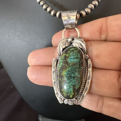 Navajo Blue Spiderweb Turquoise Pendant Necklace | Sterling Silver Pearls | Authentic Native American Handmade | 15094