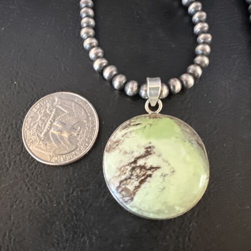Navajo Green Gaspeite Pendant Necklace | Sterling Silver | Authentic Native American Handmade | 15492