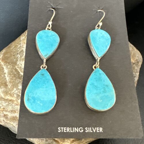 Navajo Blue Kingman Turquoise Dangle Earrings | Sterling Silver | Authentic Native American Handmade | 15122