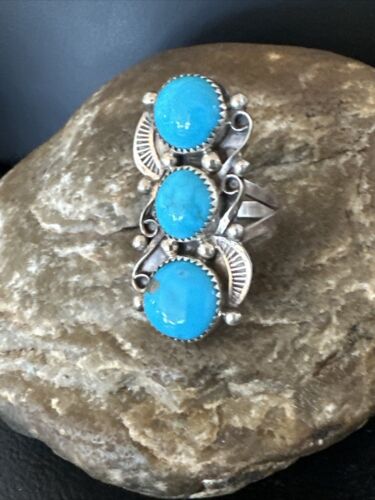 Navajo Blue Kingman Turquoise Cluster Ring | Authentic Native American Sterling Silver | Multi-Stone | Sz 7 | 16323