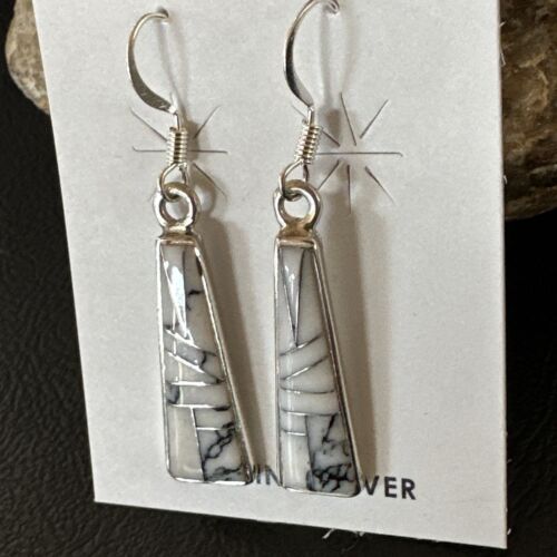 White Buffalo Turquoise Inlay Earrings | Navajo Sterling Silver | Authentic Native American Handmade | 15702