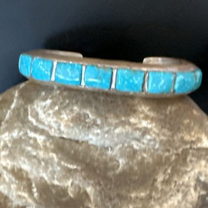 Old Pawn Men's Blue Kingman Turquoise Cuff Bracelet | Zuni Sterling Silver | 15955