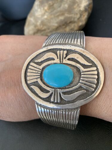 Navajo Blue Kingman Turquoise Cuff Bracelet | Sterling Silver | Authentic Native American Handmade | 1654