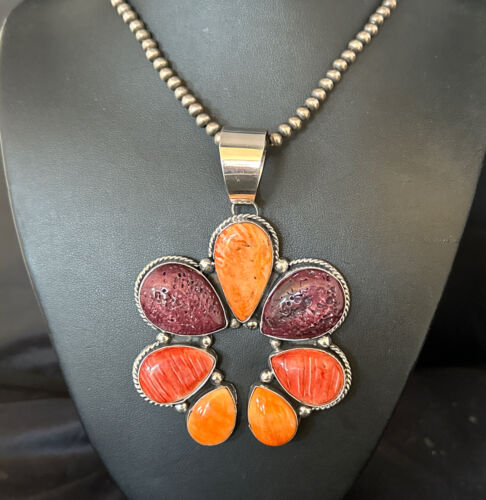 Navajo Purple Red Spiny Oyster Necklace with Naja Pendant | Sterling Silver | Native American Handmade | 14845