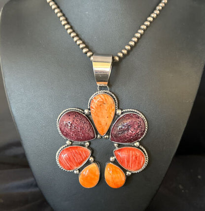 Navajo Purple Red Spiny Oyster Necklace with Naja Pendant | Sterling Silver | Native American Handmade | 14845