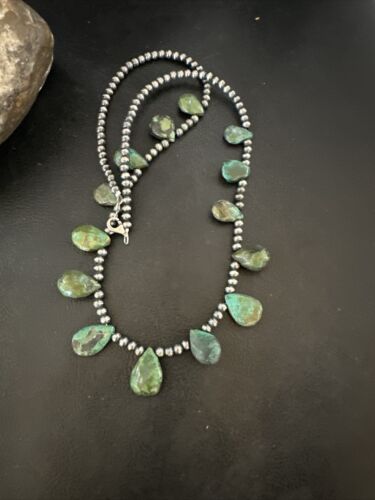 Navajo Pearls Green Teardrop Turquoise Necklace | Sterling Silver | 22" | Authentic Native American Handmade | 16957