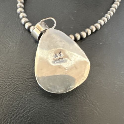 Navajo White Buffalo Turquoise Pendant | Sterling Silver Pearls Necklace | Authentic Native American Handmade | 17107