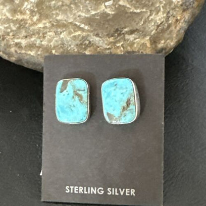 Navajo Blue Kingman Turquoise Post Stud Earrings | Sterling Silver | Authentic Native American Handmade | 17410