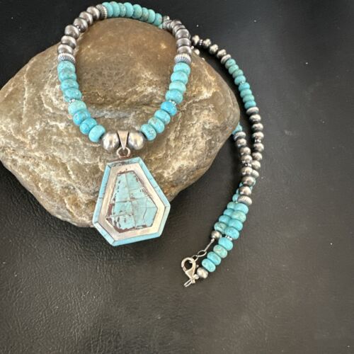 Navajo Turquoise Inlay Pendant Necklace | Sterling Silver | Authentic Native American Handmade | 17078