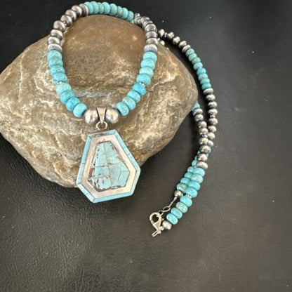 Navajo Turquoise Inlay Pendant Necklace | Sterling Silver | Authentic Native American Handmade | 17078