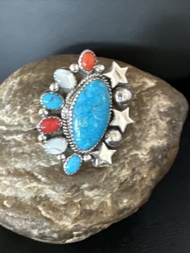 Navajo Coral Mother of Pearl Turquoise Multi-Stone Adjustable Ring | Authentic Native American Sterling Silver | Multi-Stone | 15331