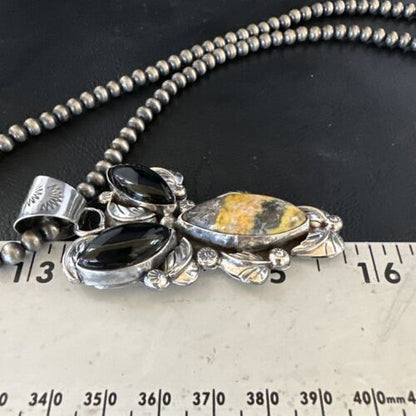 Men's Navajo Pearls Onyx Bumblebee Jasper Pendant | Sterling Silver | Multi-Stone Necklace | 15415