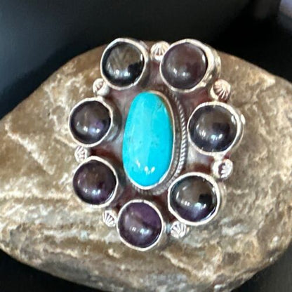 Navajo Cluster Blue Kingman Turquoise Sugilite Ring | Authentic Native American Sterling Silver | Multi-Stone | Sz 8 | 16774