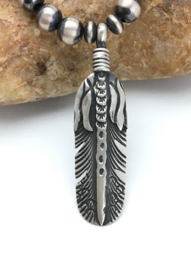 Navajo Pearls Feather Pendant Necklace | Sterling Silver | 16" | Authentic Native American Handmade | 17533