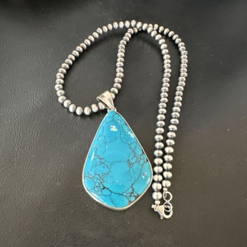 Men's Navajo Blue Spiderweb Turquoise Pendant Necklace | Sterling Silver | Authentic Native American Handmade | 16207