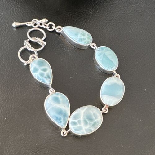 Navajo Blue Larimar Link Bracelet | Sterling Silver | 8" | Authentic Native American Handmade | 16074