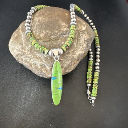 Navajo Green Gaspeite & Turquoise Inlay Pendant Necklace | Sterling Silver | 22" | Authentic Native American Handmade | 16765