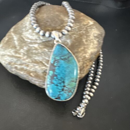 Men's Navajo Blue Spiderweb Turquoise Pendant Necklace | Sterling Silver | Authentic Native American Handmade | 16219