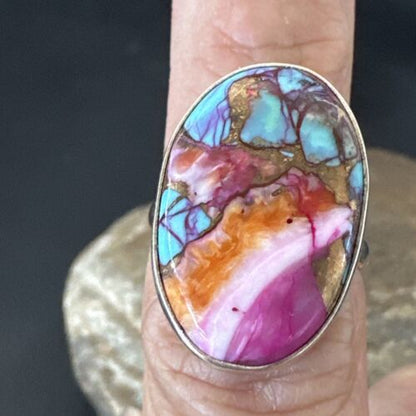 Navajo Blue Turquoise Purple Spiny Oyster Ring | Sterling Silver | Sz 8 | Authentic Native American Handmade | 16623