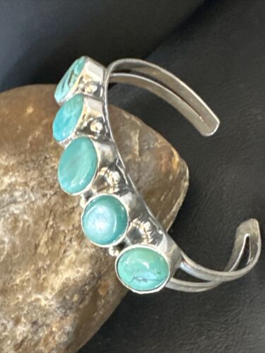 Women's Blue Turquoise 5-Stone Cuff Bracelet | Navajo Sterling Silver | Authentic Native American Jewelry | 16281
