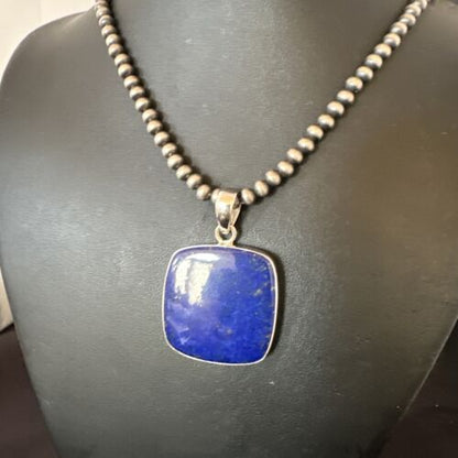 Navajo Blue Lapis Pendant with Pearls | Sterling Silver Necklace | 20" | Authentic Native American Handmade | 16665