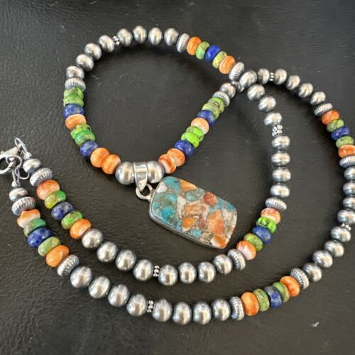 Navajo Spiny Oyster Turquoise Lapis Pendant Necklace | Sterling Silver | 21" | Authentic Native American Handmade | 16630