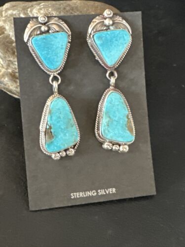Kingman Turquoise Dangle Earrings | Navajo Handmade | Sterling Silver | Authentic Native American | 14877