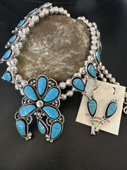 Zuni Kingman Turquoise Inlay Squash Blossom Necklace & Earrings | Sterling Silver | 16544