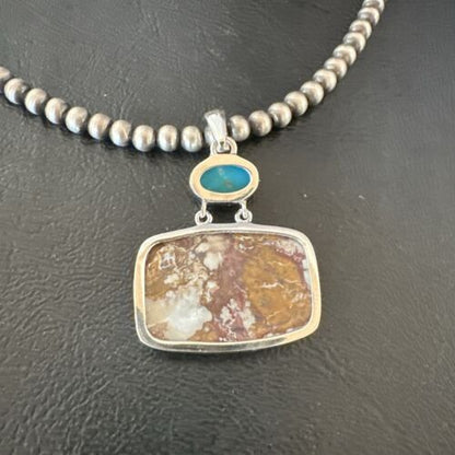 Men's Wild Horse Blue Kingman Turquoise Necklace | Sterling Silver SW Pendant | Multi-Stone | 17326