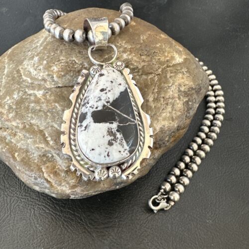 White Buffalo Turquoise Pendant | Navajo Pearls Sterling Silver Necklace | Authentic Native American Handmade | 17109