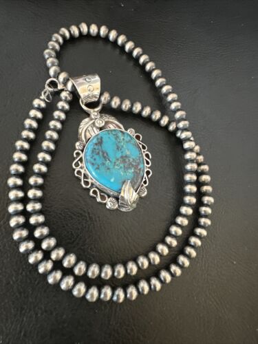 Navajo Blue Turquoise Pendant Necklace | Sterling Silver Pearls | Authentic Native American Handmade | 15639