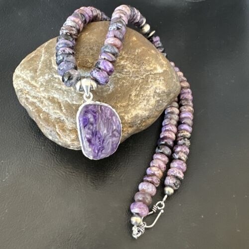 Navajo Purple Charoite Pendant with Pearls | Sterling Silver Necklace | Authentic Native American Handmade | 16337