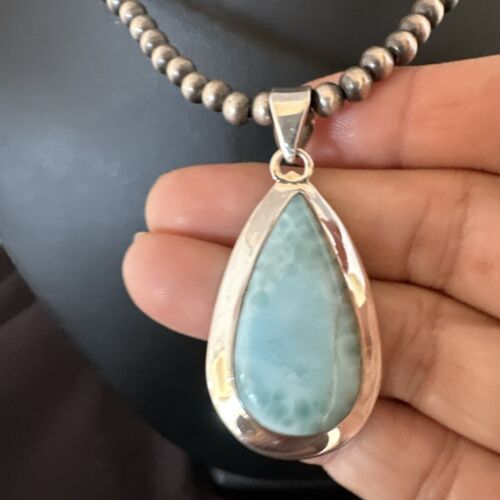 Navajo Blue Larimar Pendant Necklace | Sterling Silver Beads | Authentic Native American Handmade | 16963