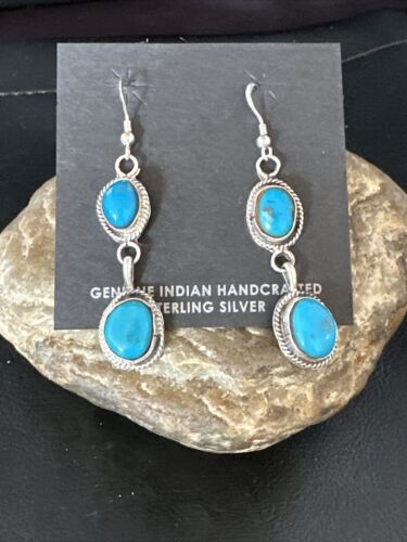 Kingman Turquoise Dangle Earrings | Navajo Handmade | Sterling Silver | Authentic Native American | 14864