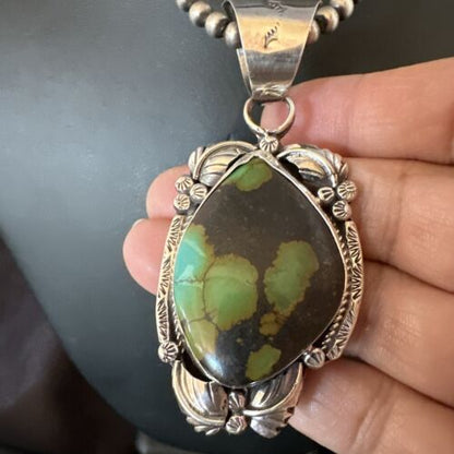 Men's Navajo Green Turquoise Pendant Necklace | Sterling Silver | Authentic Native American Handmade | 17526