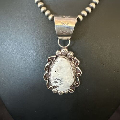 Men's White Buffalo Turquoise Pendant | Navajo Pearl Sterling Silver Necklace 21" | Handmade Jewelry | 17044