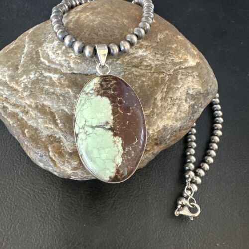 Navajo Green Gaspeite Pendant Necklace | Sterling Silver | Authentic Native American Handmade | 15480